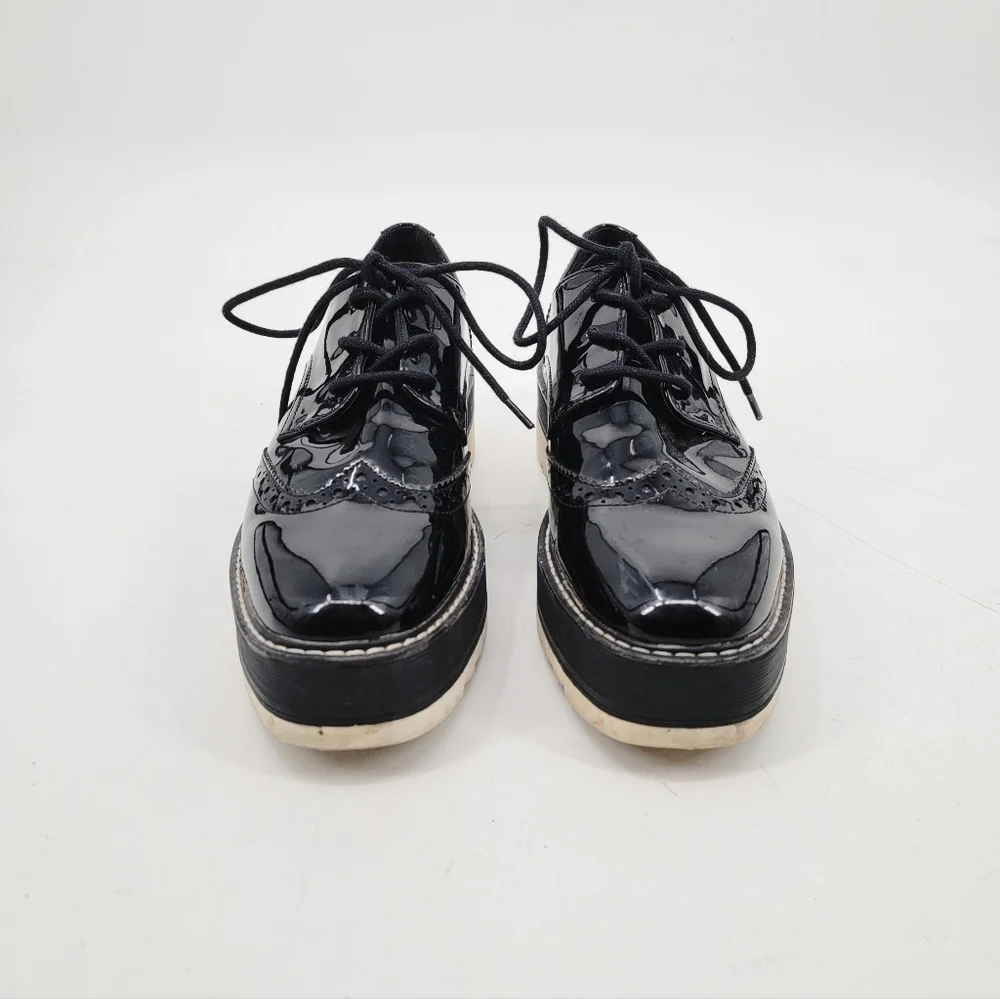 Zara Black Patent Leather Platform Oxford Derby Creepers Size 40 Dark Academia